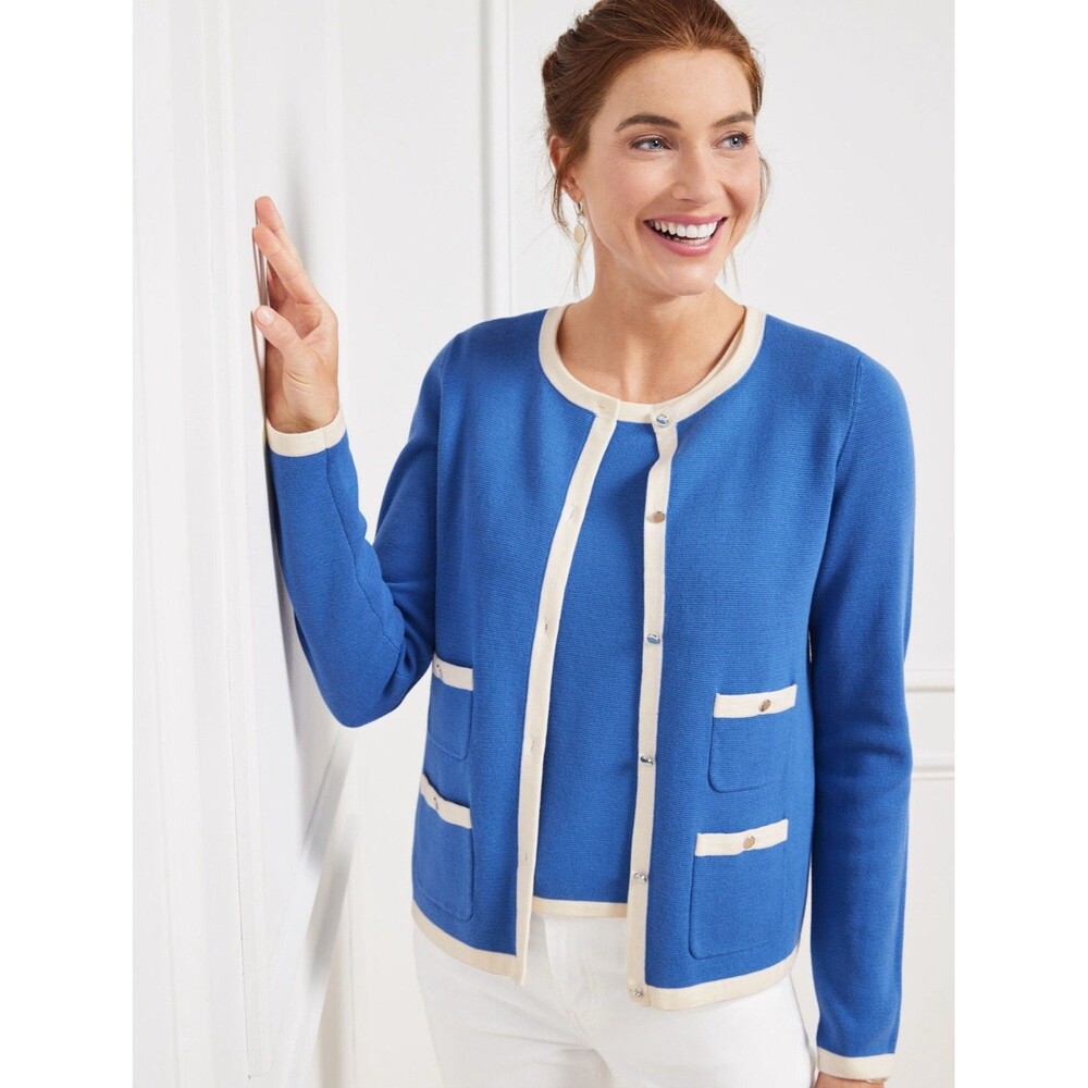 Talbots Grace Tipped Cardigan Women's Sz SP Capri Blue/Ivory Career Old Money